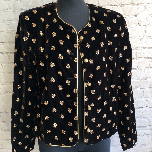 Vintage Norton McNaughton Embroidered Bee Gold Velvet Blazer - Picture 2 of 9